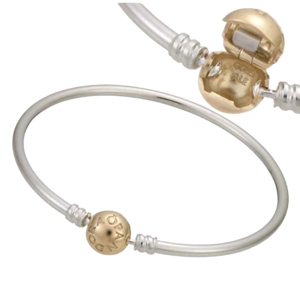 Pandora Moments Two-Tone Ball Clasp Bangle - 14k Gold & Sterling Silver 7 1/2”